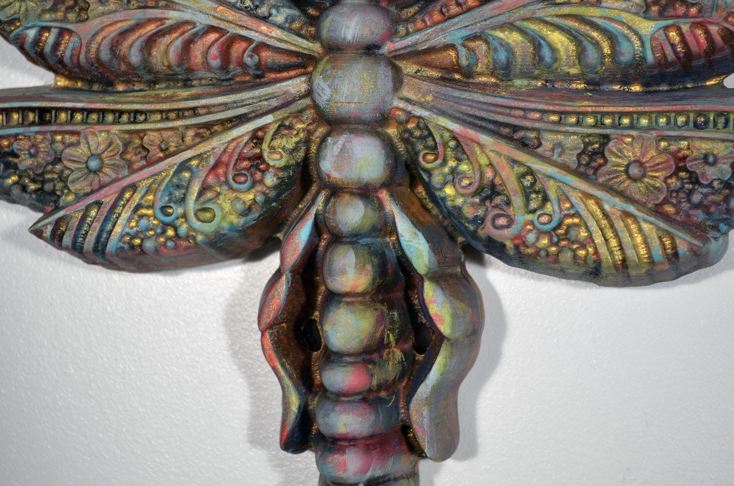 Dragonfly hand painted 3d wood carving, wood wall art, colorful metallic ready to hang