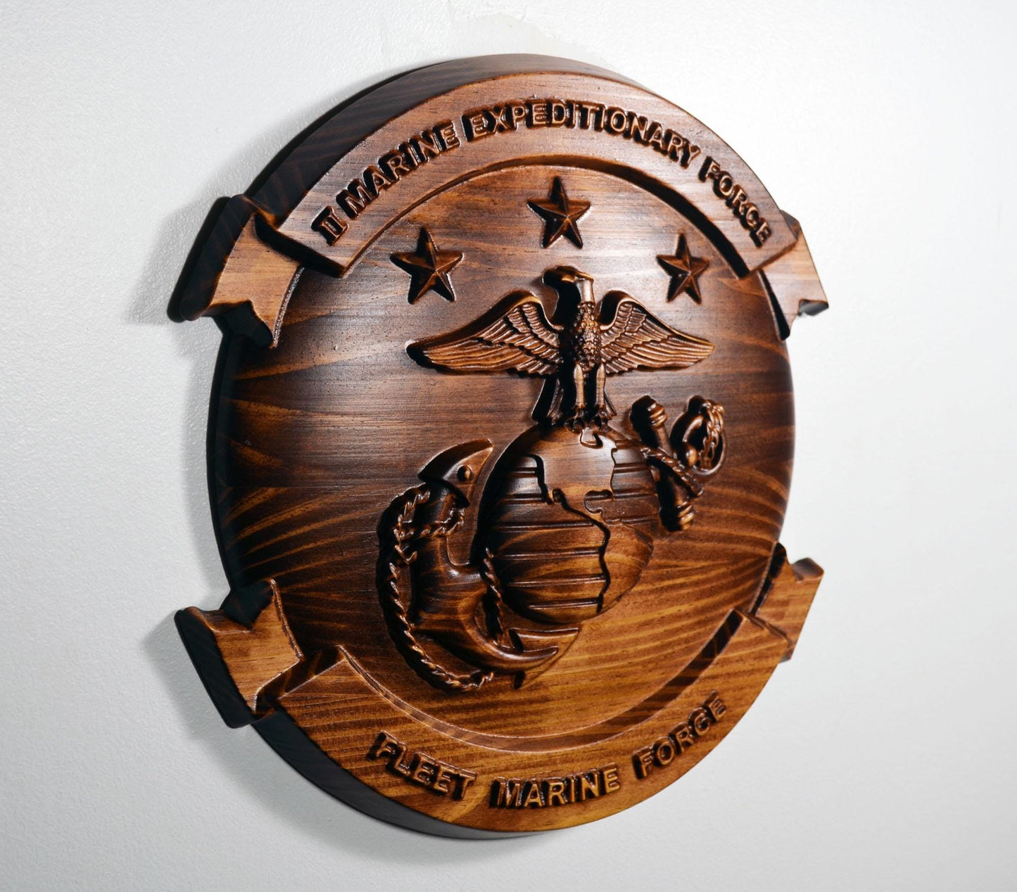 USMC II Marine Expeditionary Force, 12" stained 3d wood carving, military plaque