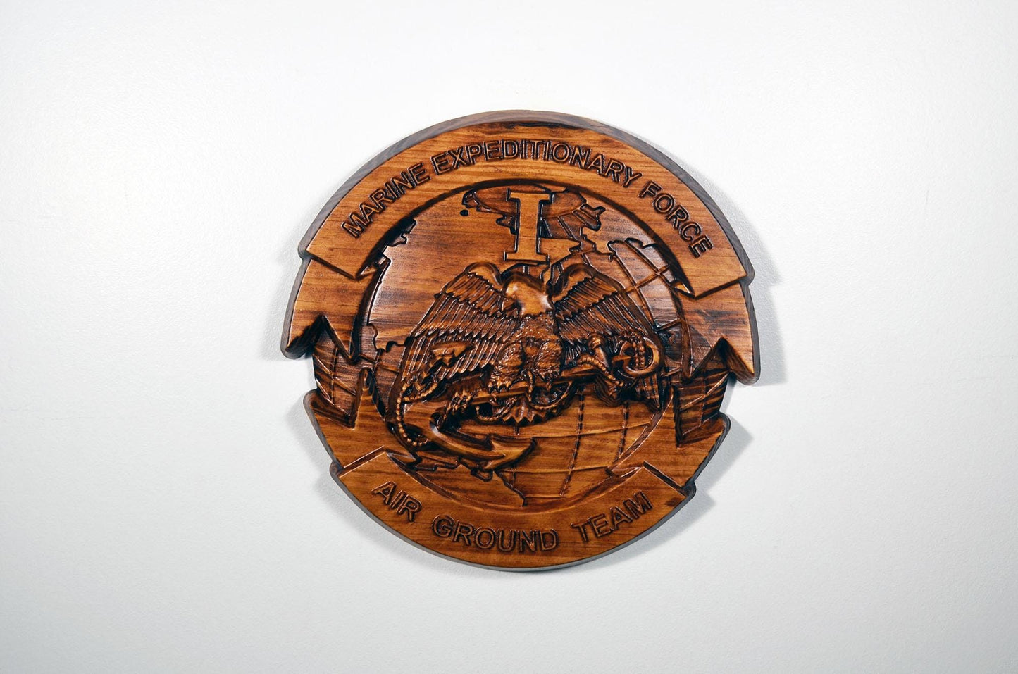 USMC I Marine Expeditionary Force, 12" stained 3d wood carving, military plaque