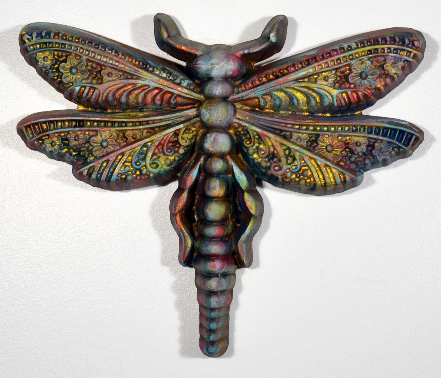 Dragonfly hand painted 3d wood carving, wood wall art, colorful metallic ready to hang