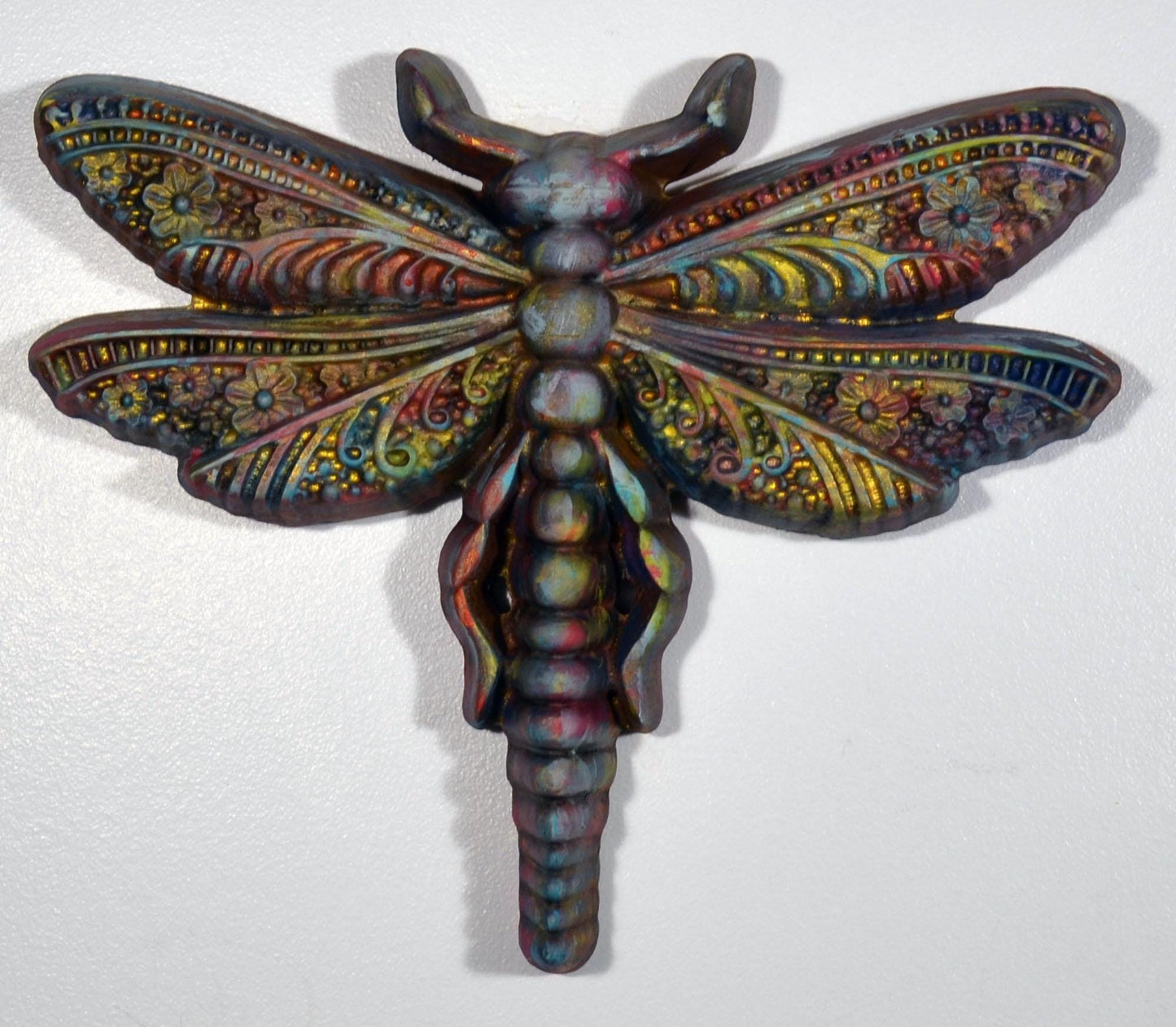 Dragonfly hand painted 3d wood carving, wood wall art, colorful metallic ready to hang