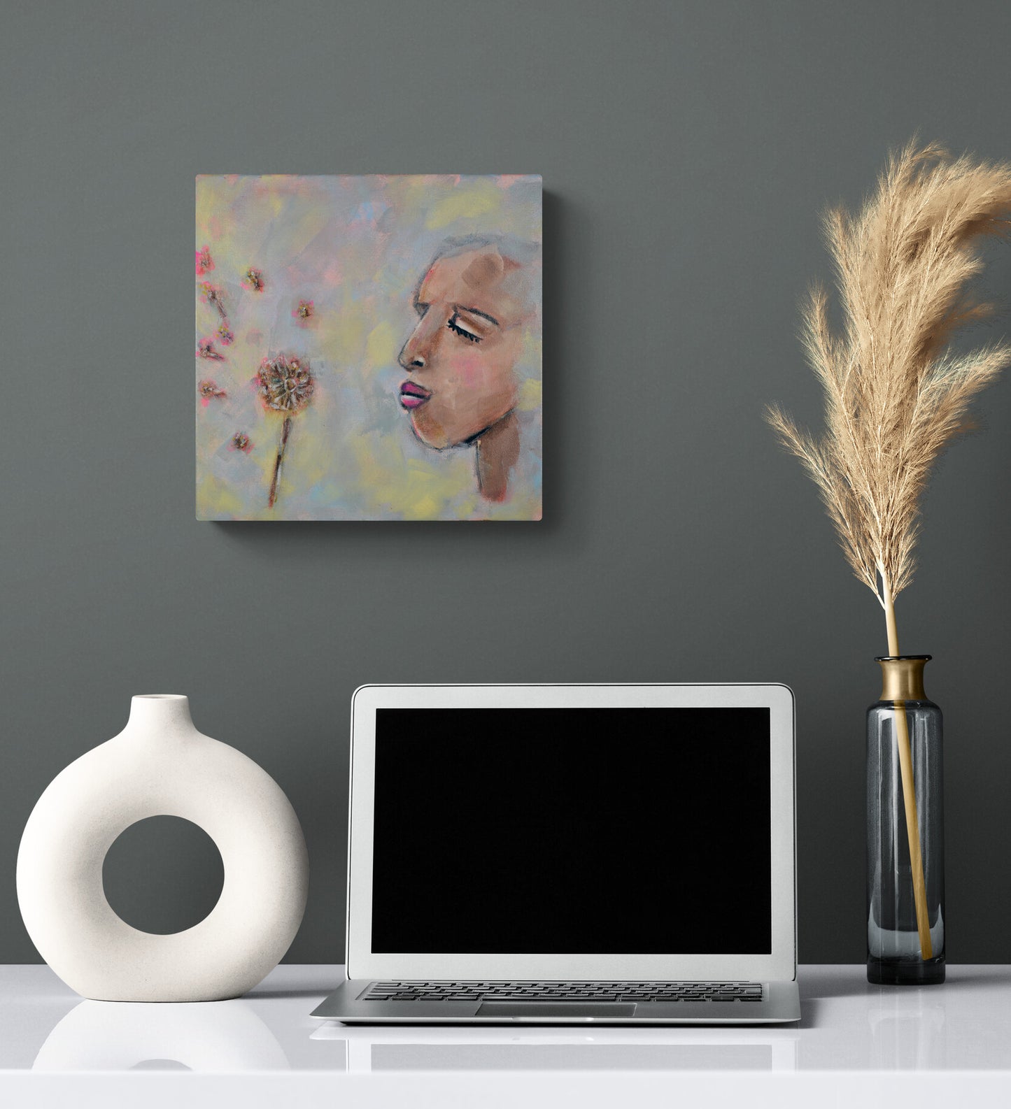 Dandelion wish acrylic canvas art 10x10, boho home decor, hand painted flower painting - Carved Effects