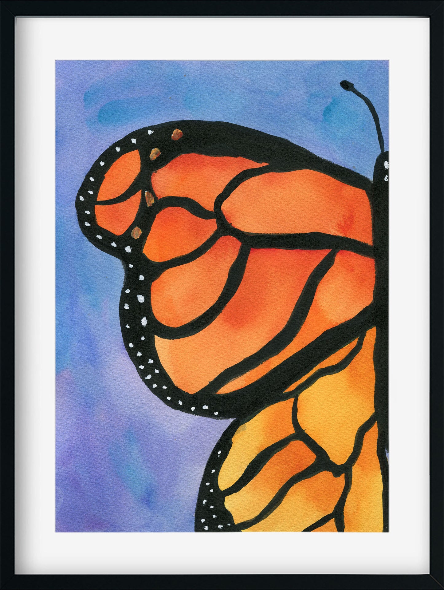 Framed artwork of a butterfly with orange and black wings on a blue background