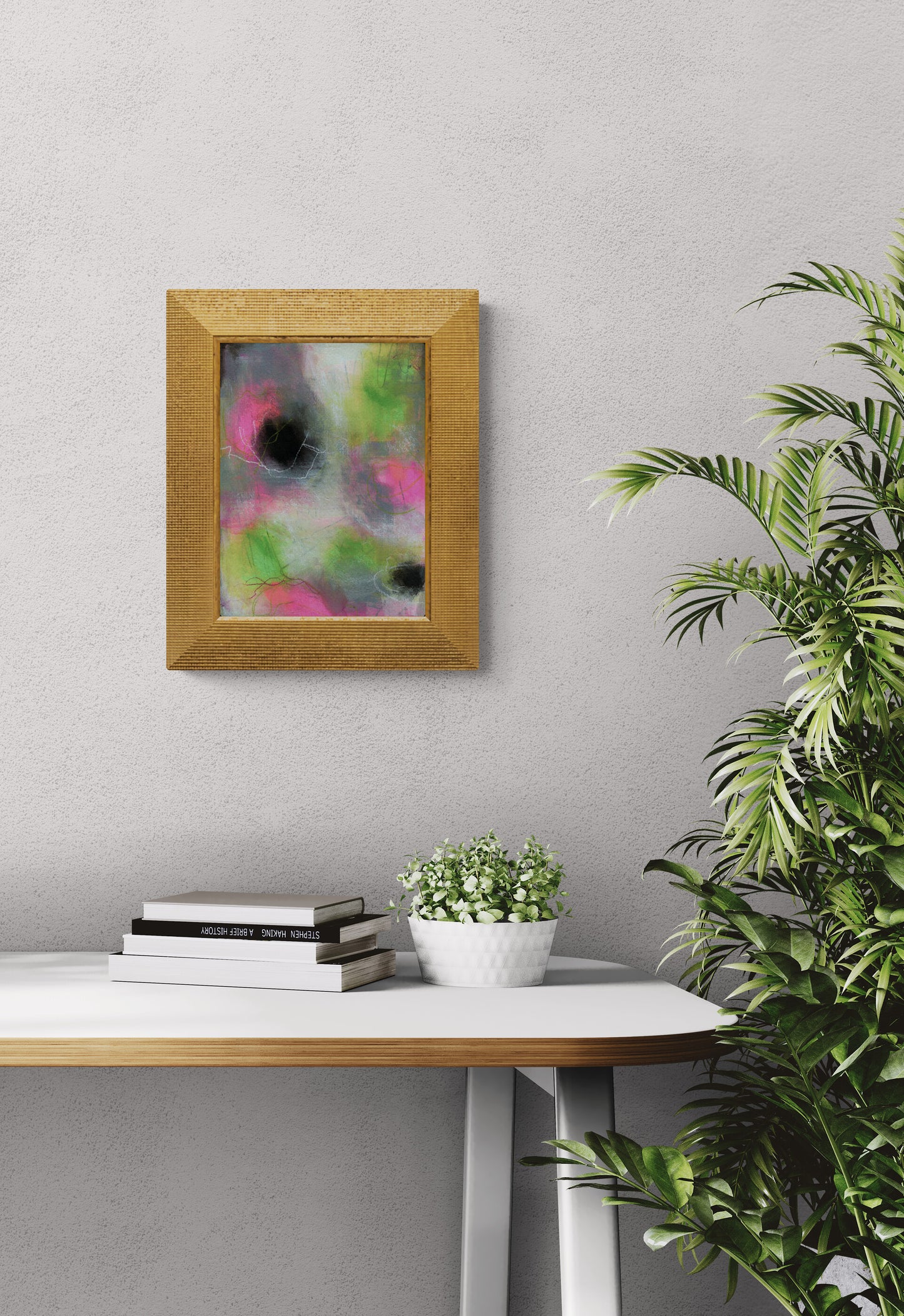 Abstract painted mixed media painting 9x12, pink green and grey home decor wall art