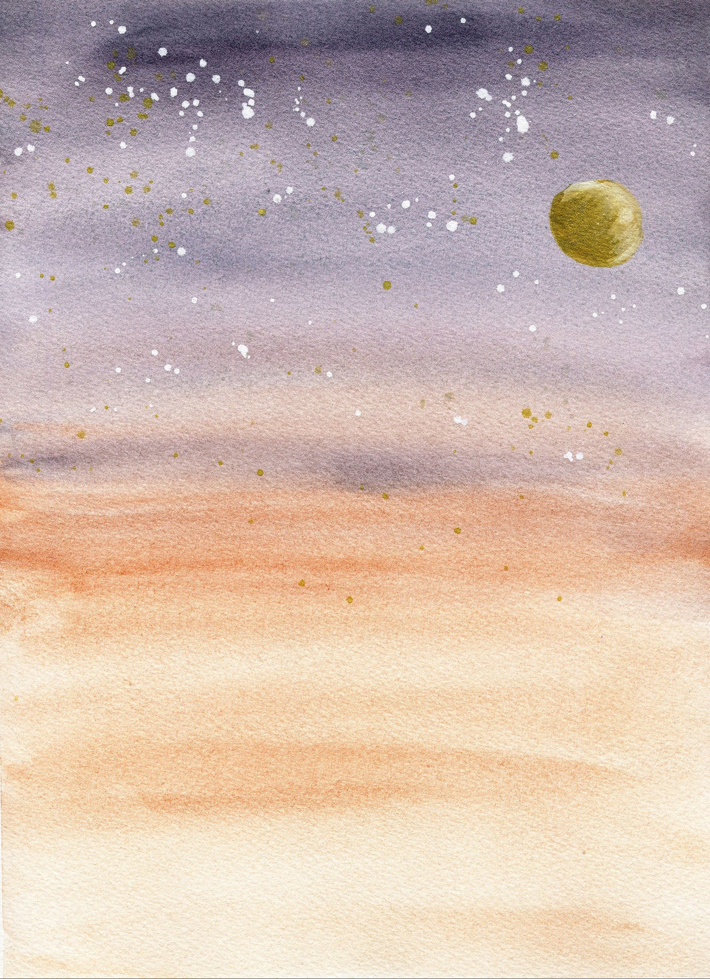 Watercolor painting of a celestial scene with a planet and stars on a gradient background
