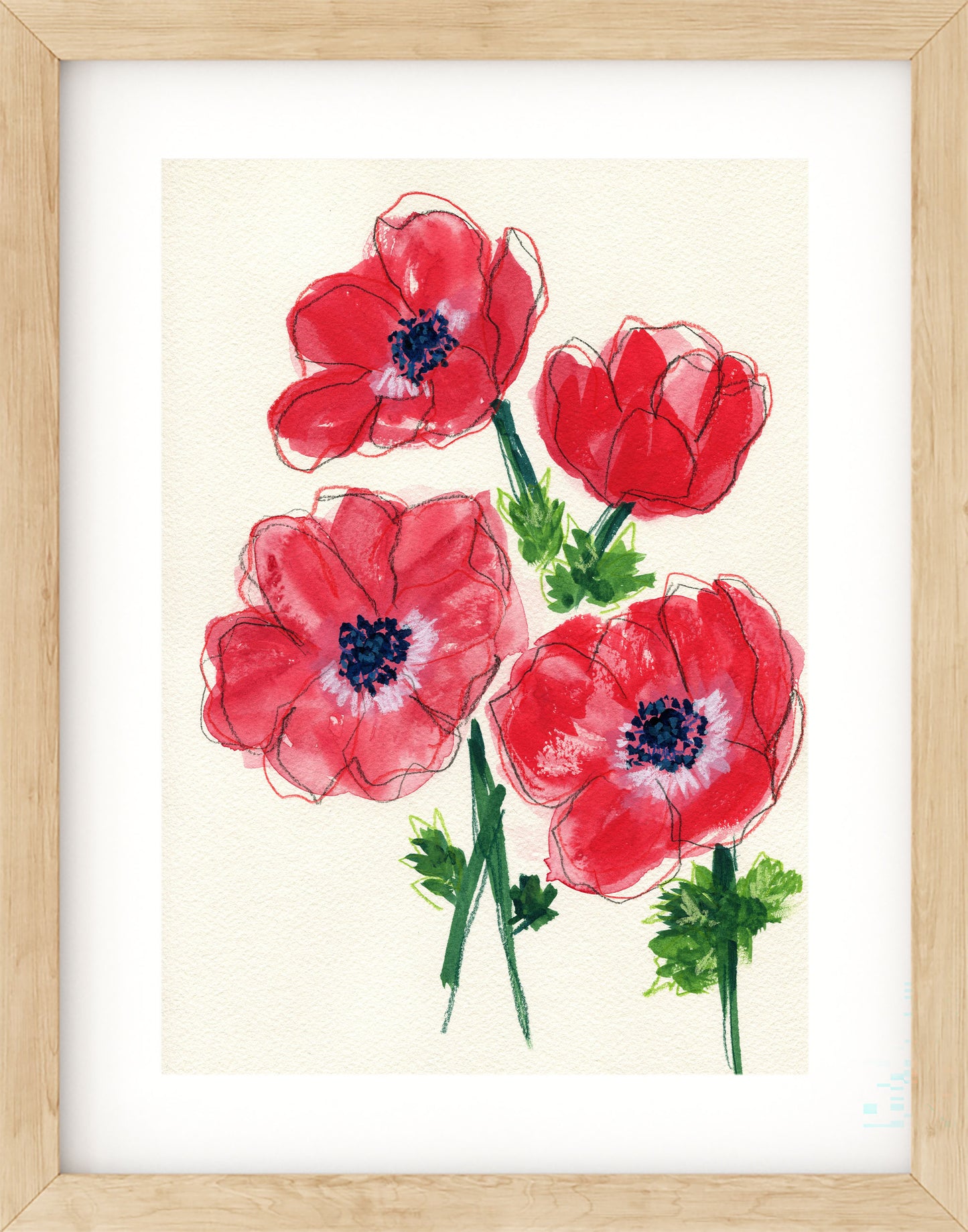 Framed artwork of red flowers with green stems on a white background