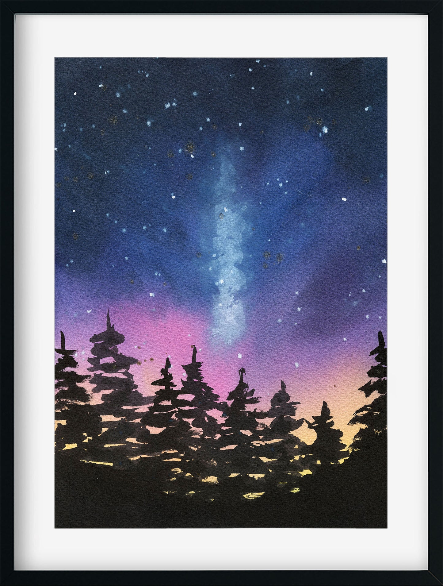 Framed artwork of a night sky with stars and a silhouette of trees.
