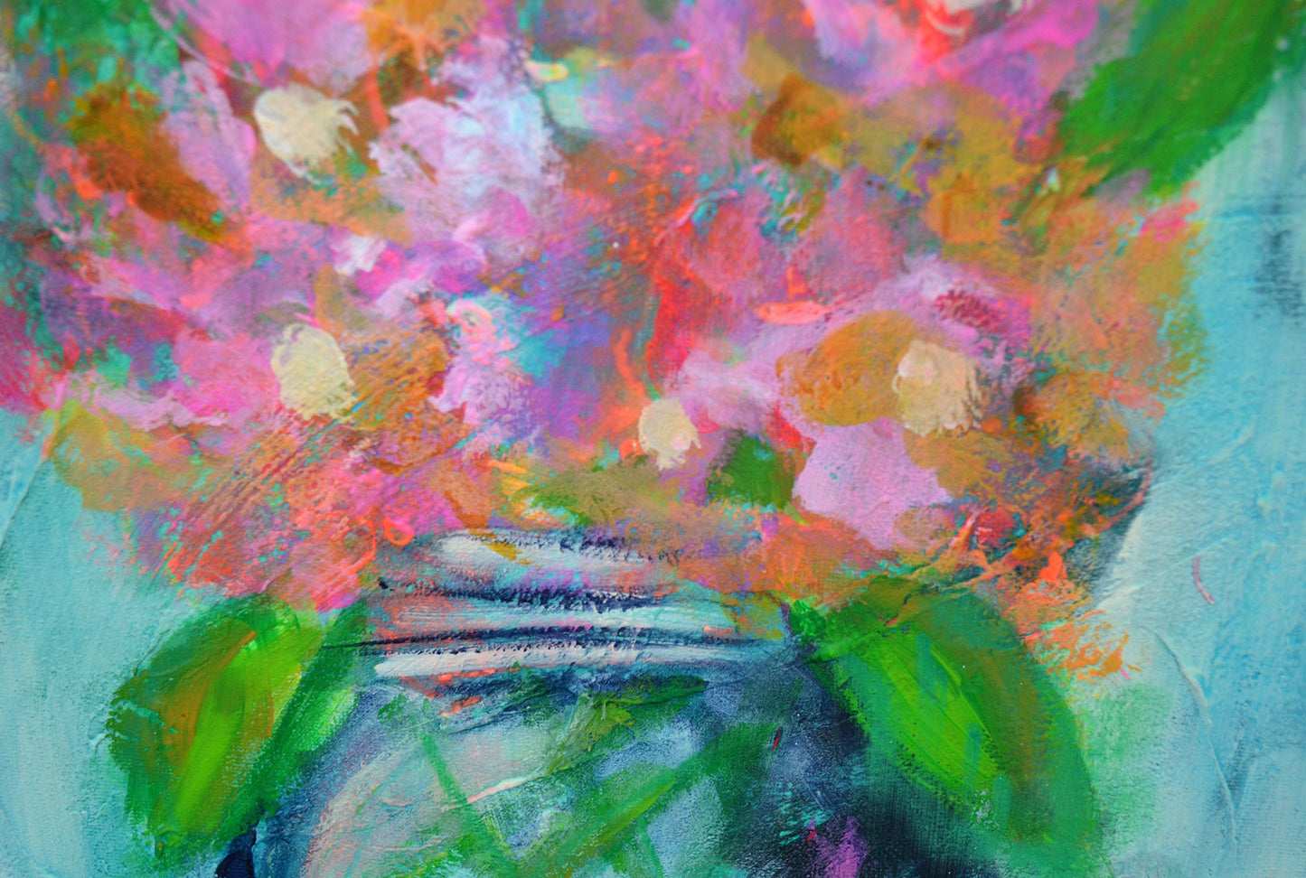 Impressionistic floral painting of pink and purple blossoms with green leaves in a vase, rendered in expressive brushstrokes against a light aqua background.