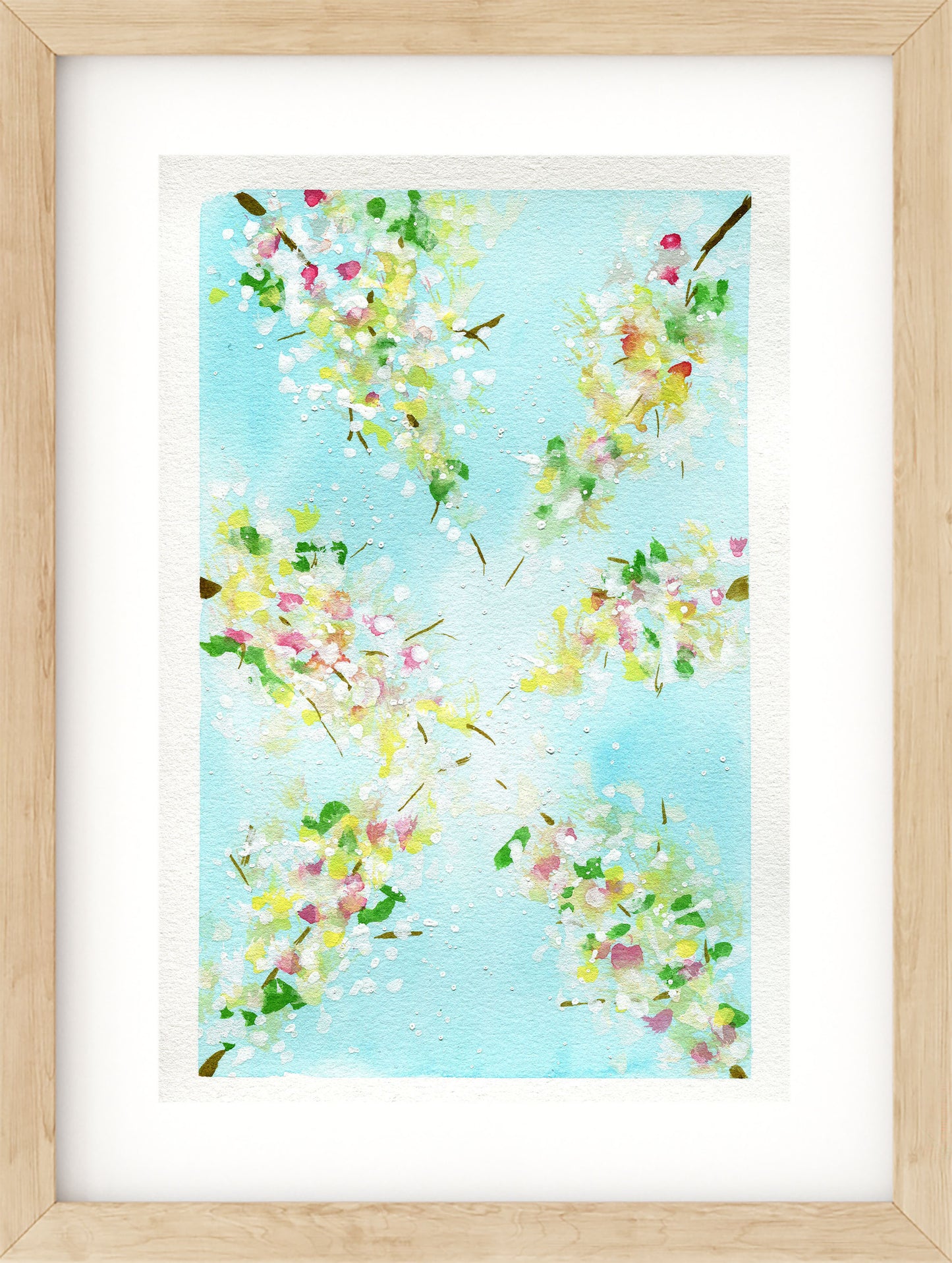 Framed artwork of floral design on a light blue background