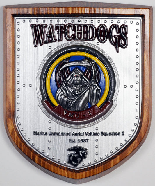 USMC VMU-1 Marine Unmanned Aerial Vehicle Squadron, Watchdogs Marine Corps, 3d wood carving military plaque, painted version - Carved Effects