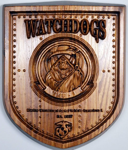 USMC VMU-1 Marine Unmanned Aerial Vehicle Squadron, Watchdogs Marine Corps, 3d wood carving military plaque - Carved Effects