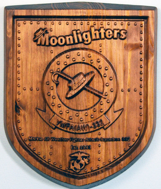 USMC All Weather Fighter Squadron VFMA-332, Moonlighters, CNC 3d wood carving, military plaque