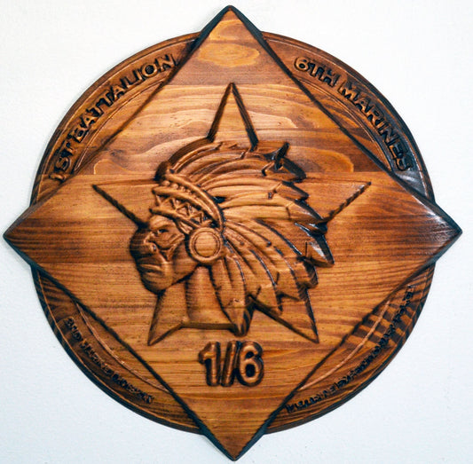 USMC 1st Battalion 6th Marines, USMC 1/6 Hard 3d wood carving, military plaque wall decor