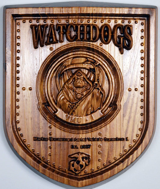 USMC VMU-1 Marine Unmanned Aerial Vehicle Squadron, Watchdogs Marine Corps, 3d wood carving military plaque