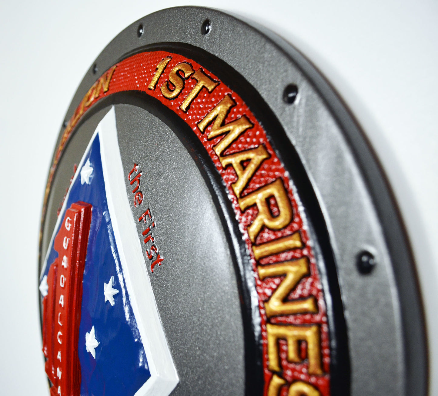 USMC 1st Battalion 1st Marines, 1st of the 1st Marine Corps, 3d wood carving, painted military plaque