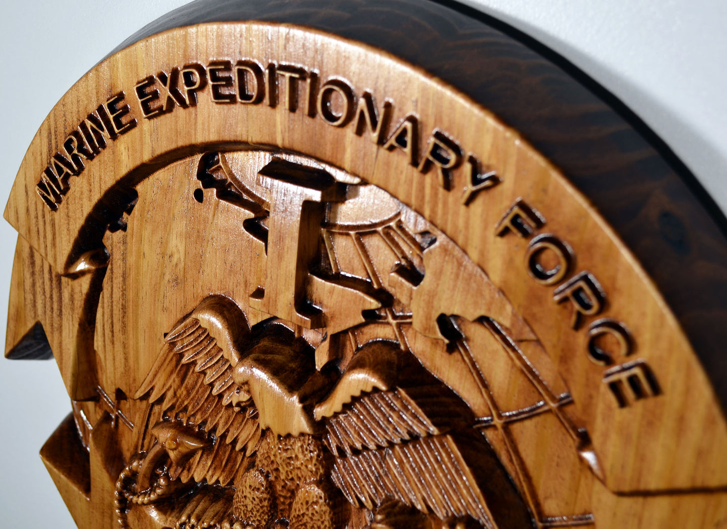 USMC I Marine Expeditionary Force, stained 3d wood carving, military plaque