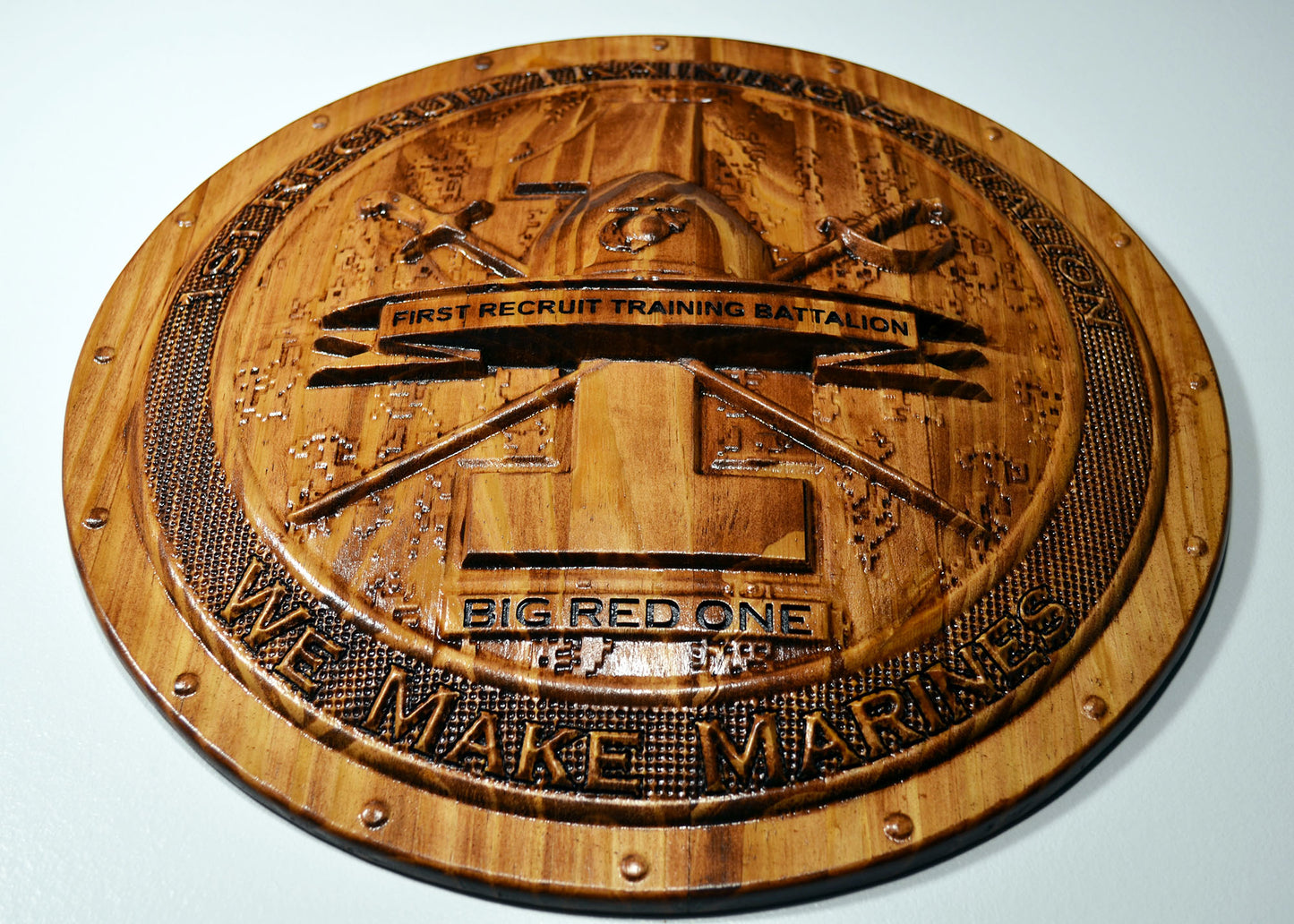 USMC 1st Recruit Training Battalion, 3d wood CNC carving, military plaque