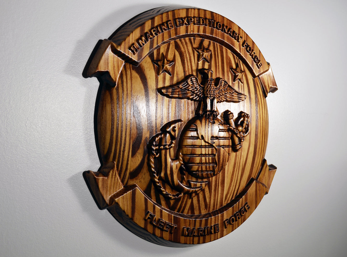 USMC II Marine Expeditionary Force, cnc, stained 3d wood carving, military plaque