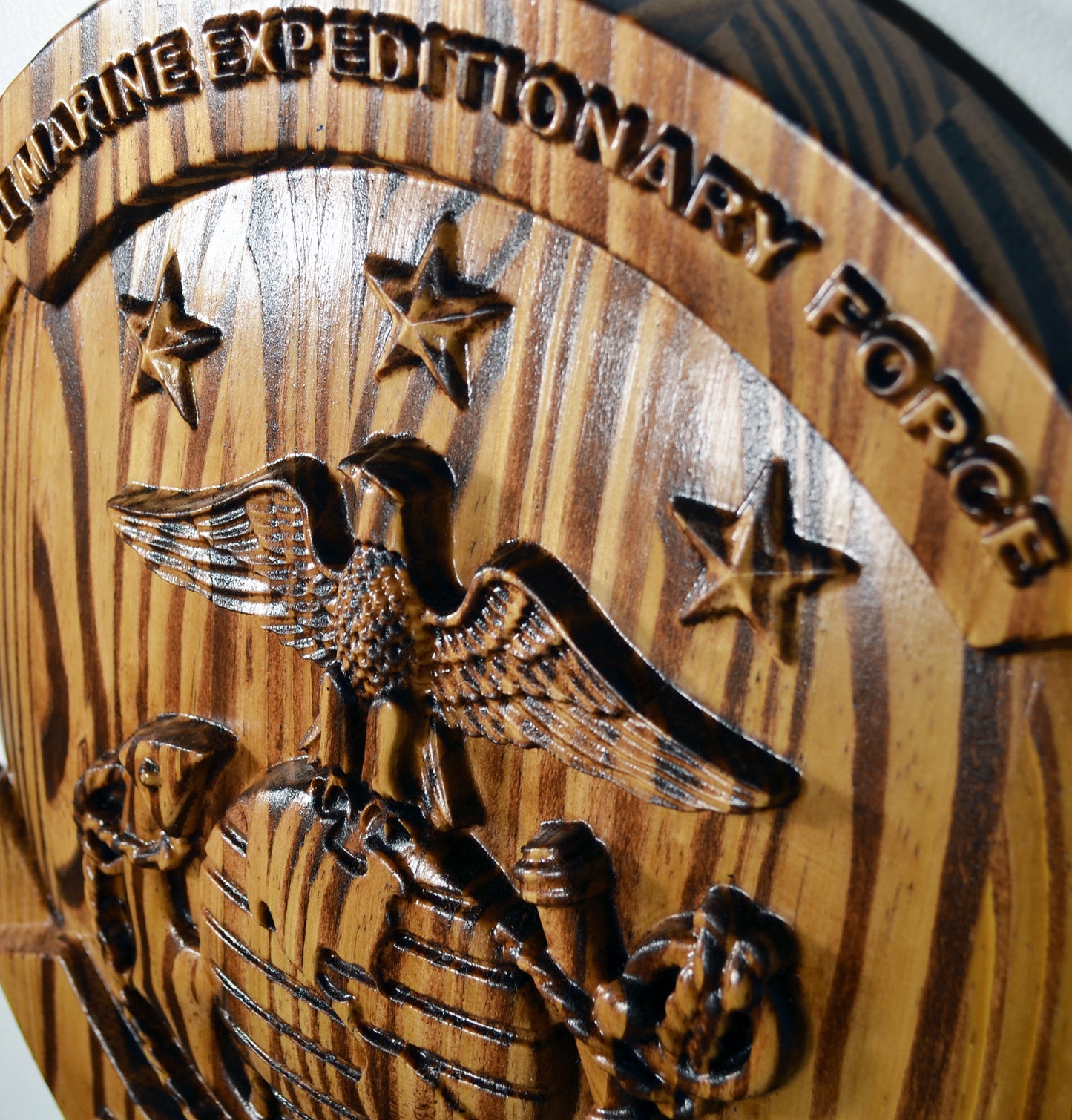 USMC II Marine Expeditionary Force, cnc, stained 3d wood carving, military plaque