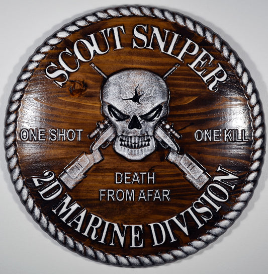 USMC 2nd Marine Scout Sniper, CNC, Stained 3D Wood Carving, Military Plaque