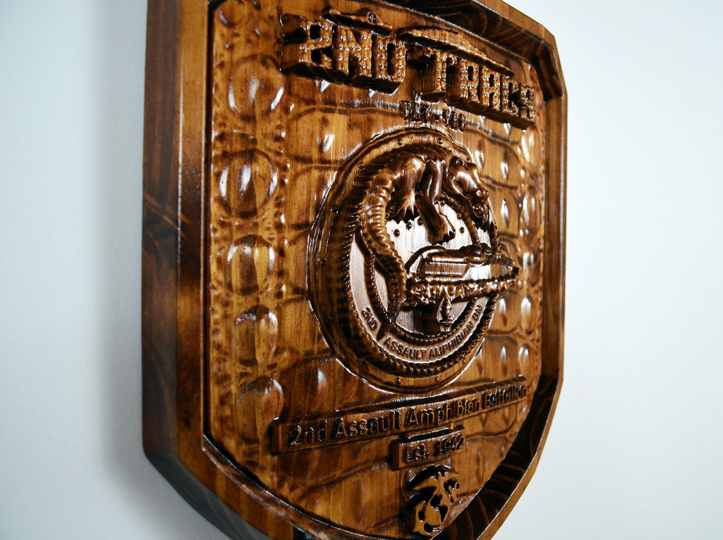 USMC 2nd Assault Amphibian Battalion, 2nd Tracs stained version, CNC 3d wood carving, military plaque