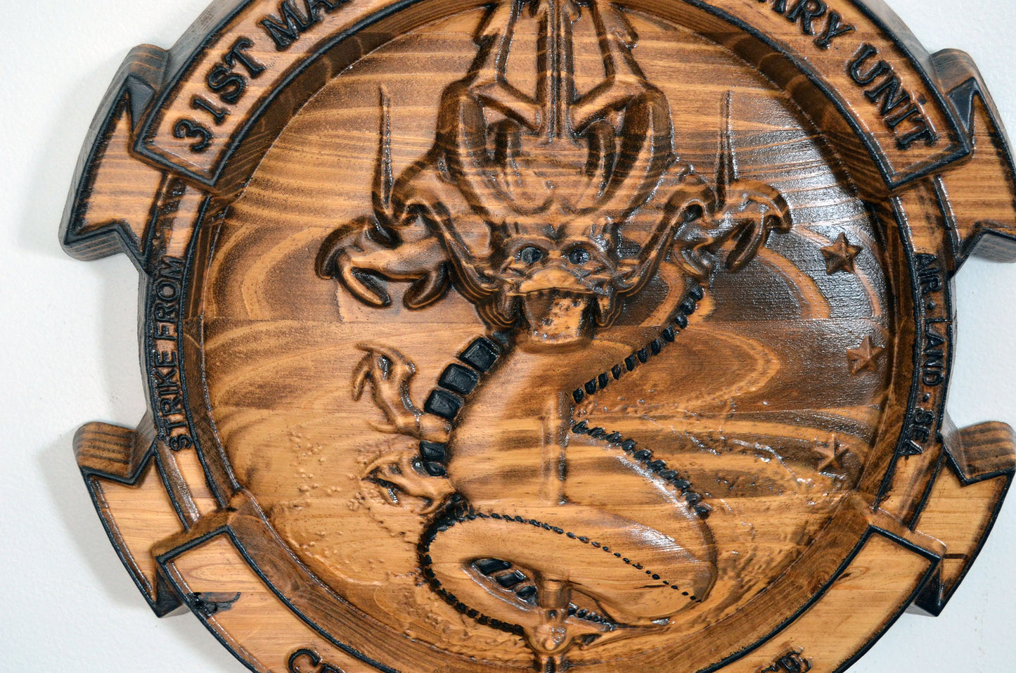 USMC 31st Marine Expeditionary Unit, stained 3d wood carving, military plaque