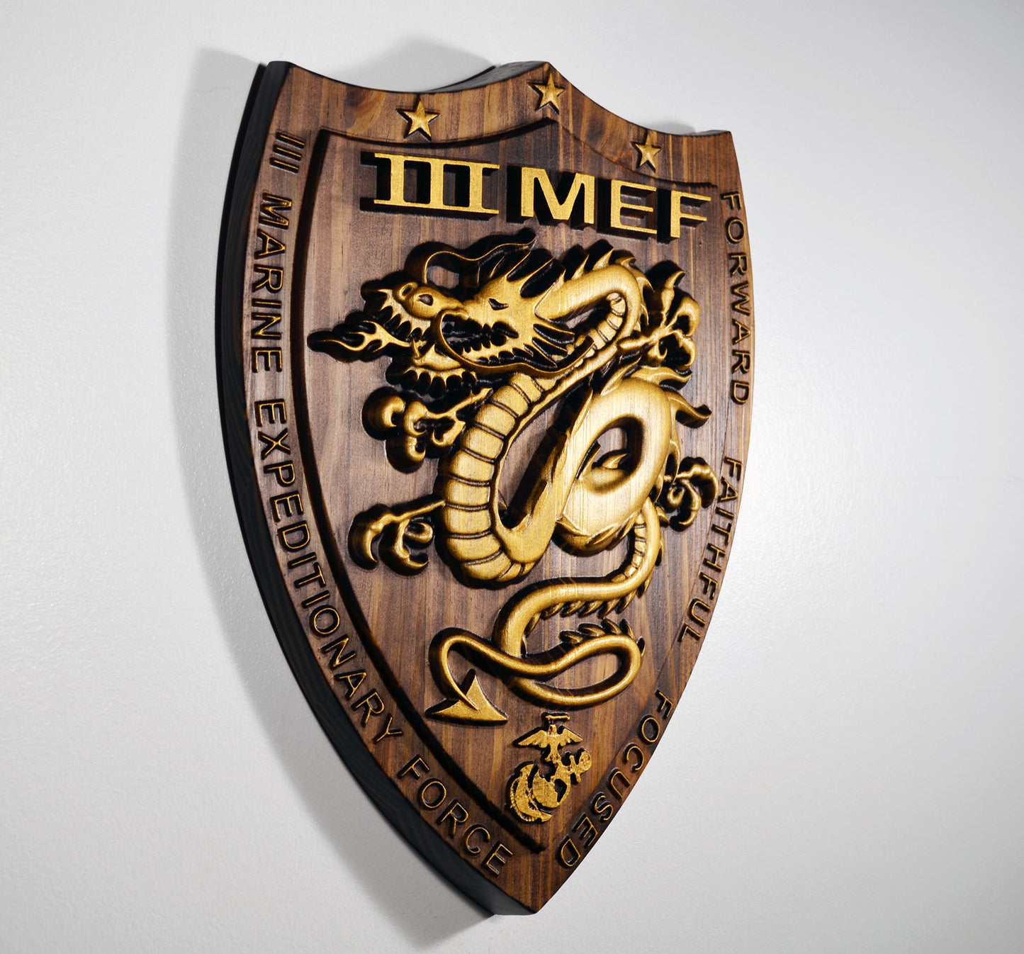 USMC III Marine Expeditionary Force, 3MEF, Java Gold Plaque, 3d wood carving, military plaque