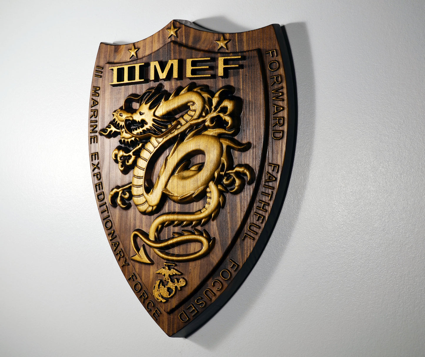 USMC III Marine Expeditionary Force, 3MEF, Java Gold Plaque, 3d wood carving, military plaque