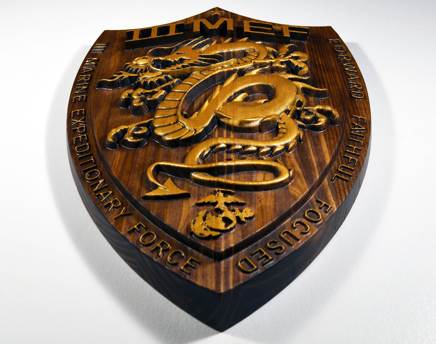 USMC III Marine Expeditionary Force, 3MEF, Java Gold Plaque, 3d wood carving, military plaque