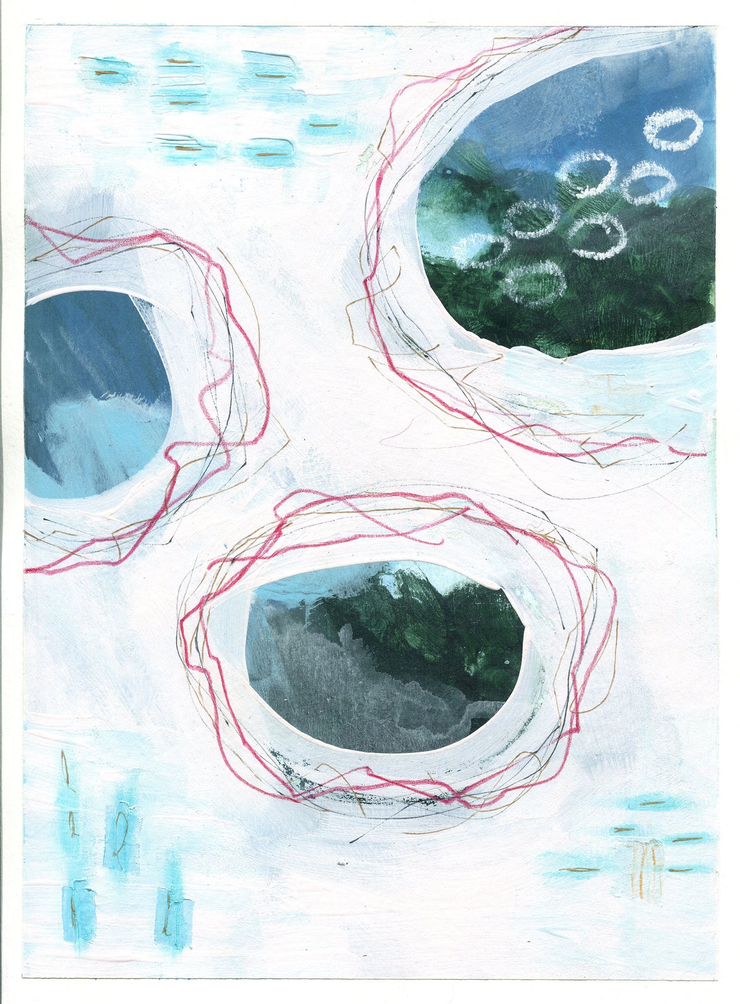 Abstract circle hand painted mixed media painting on paper 9x12, abstract blue wall art, abstract mark making - Carved Effects