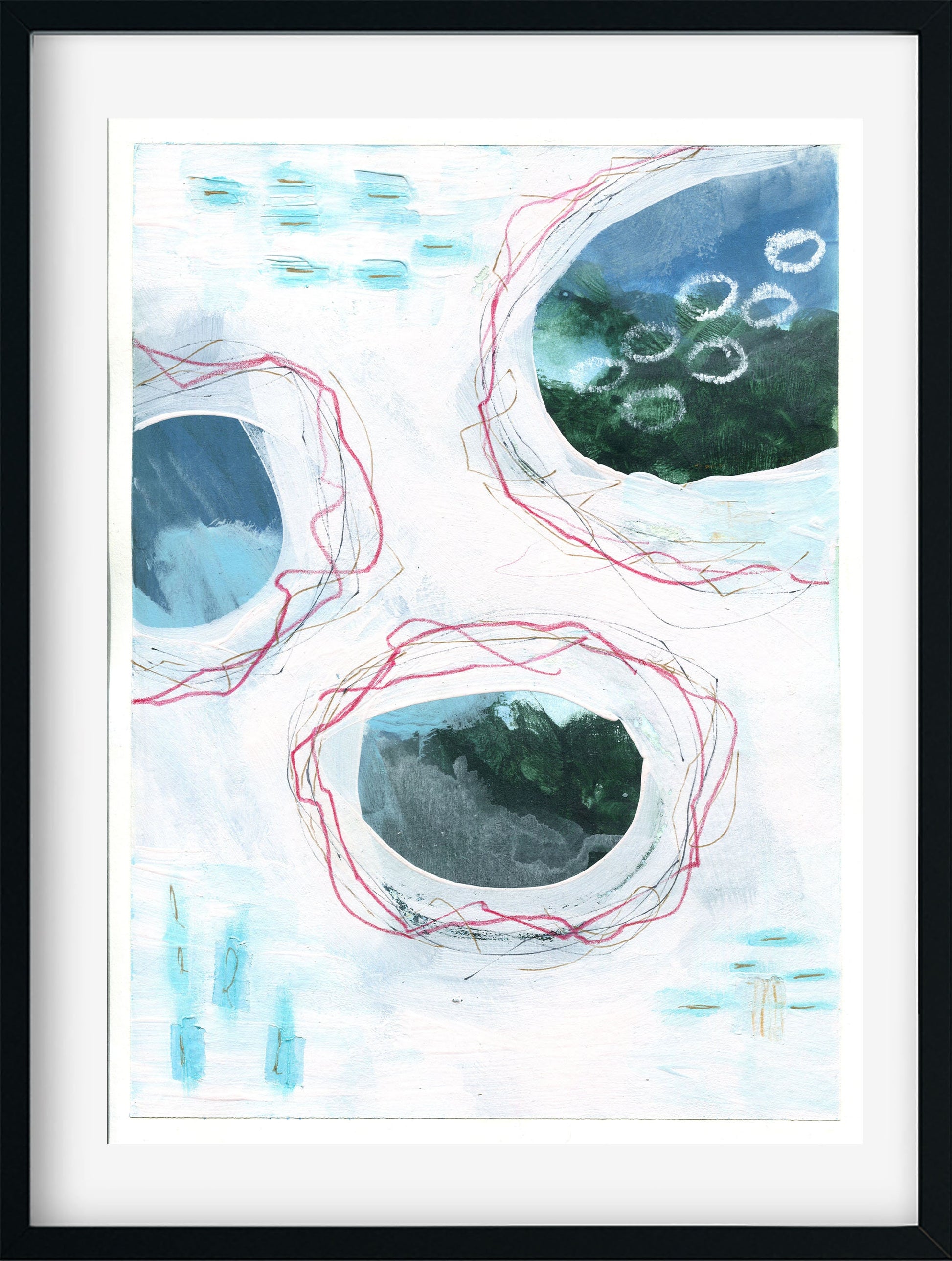 Abstract circle hand painted mixed media painting on paper 9x12, abstract blue wall art, abstract mark making - Carved Effects