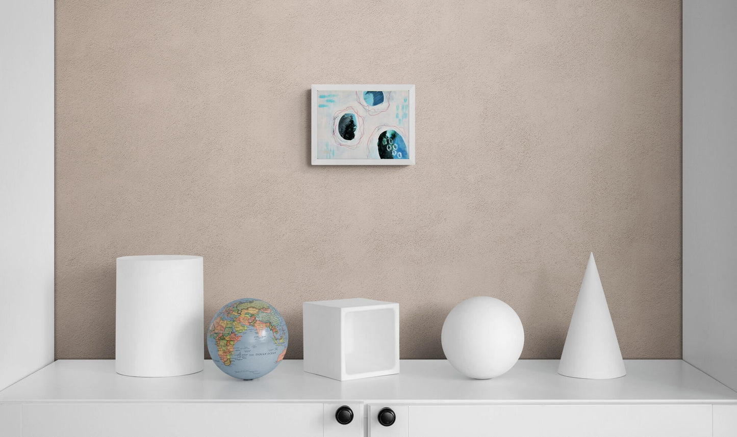 Abstract circle hand painted mixed media painting on paper 9x12, abstract blue wall art, abstract mark making - Carved Effects