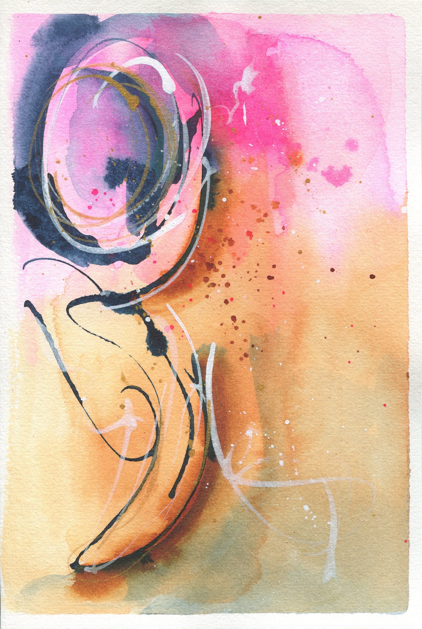 Abstract watercolor painting 6x9, hand painted abstract circle watercolor original artwork, blue yellow and pink small wall art - Carved Effects