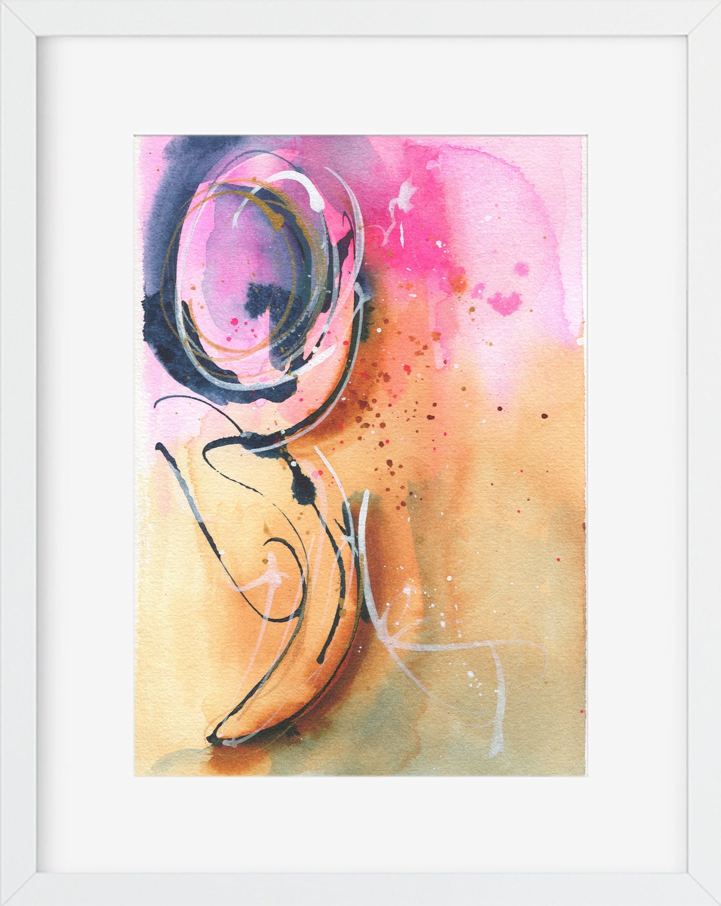 Abstract watercolor painting 6x9, hand painted abstract circle watercolor original artwork, blue yellow and pink small wall art - Carved Effects