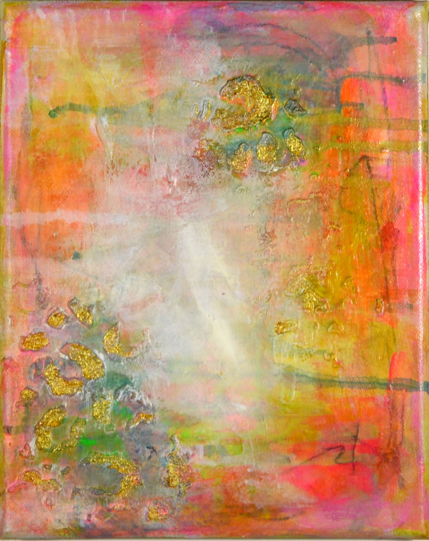 An abstract mixed media painting on canvas featuring hot pink and green cheetah-like patterns with expressive mark making.