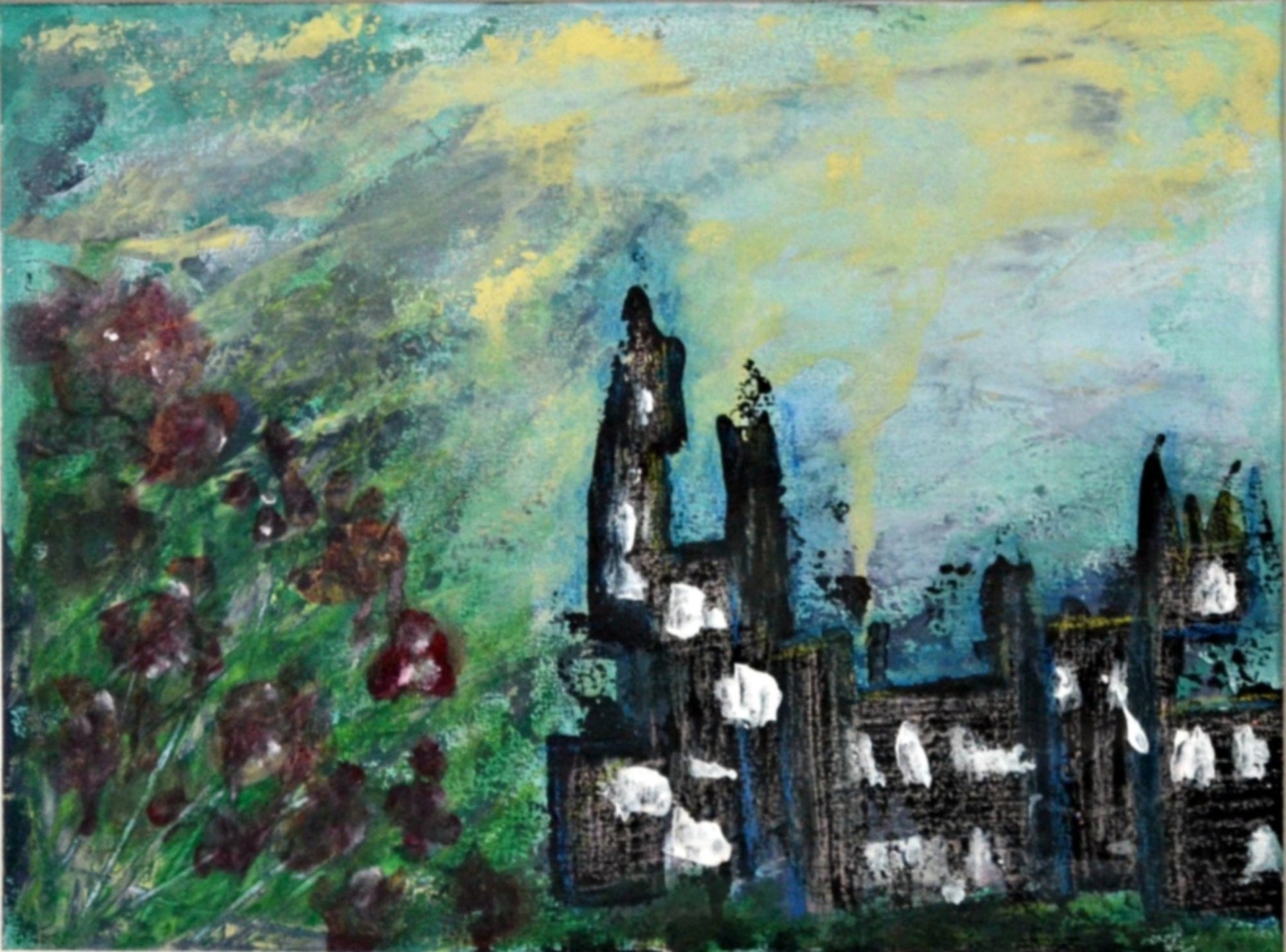 Abstract cityscape hand painted mixed media painting, original painting on paper 9x12, abstract poppy field wall decor - Carved Effects