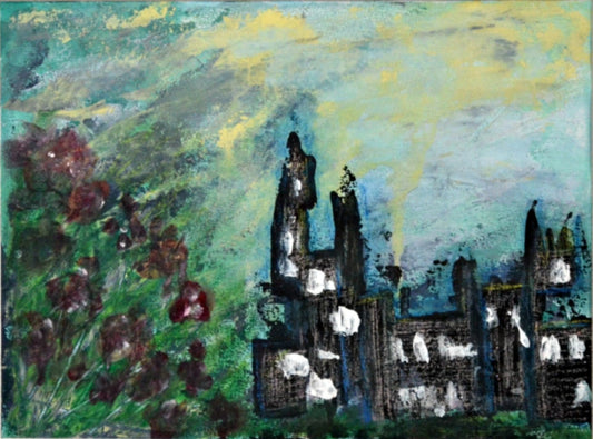 Abstract cityscape hand painted mixed media painting, original painting on paper 9x12, abstract poppy field wall decor - Carved Effects