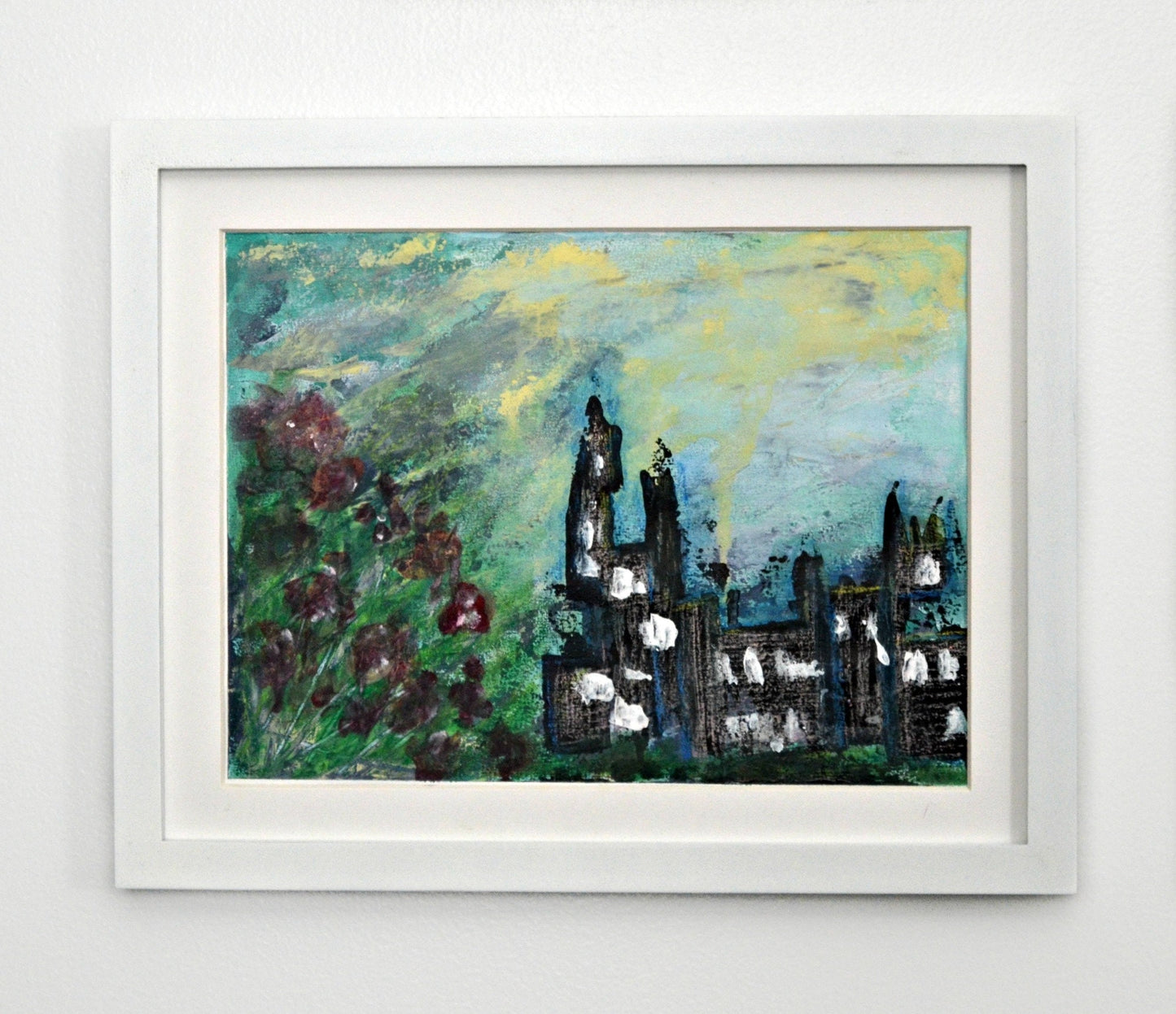 Abstract cityscape hand painted mixed media painting, original painting on paper 9x12, abstract poppy field wall decor - Carved Effects