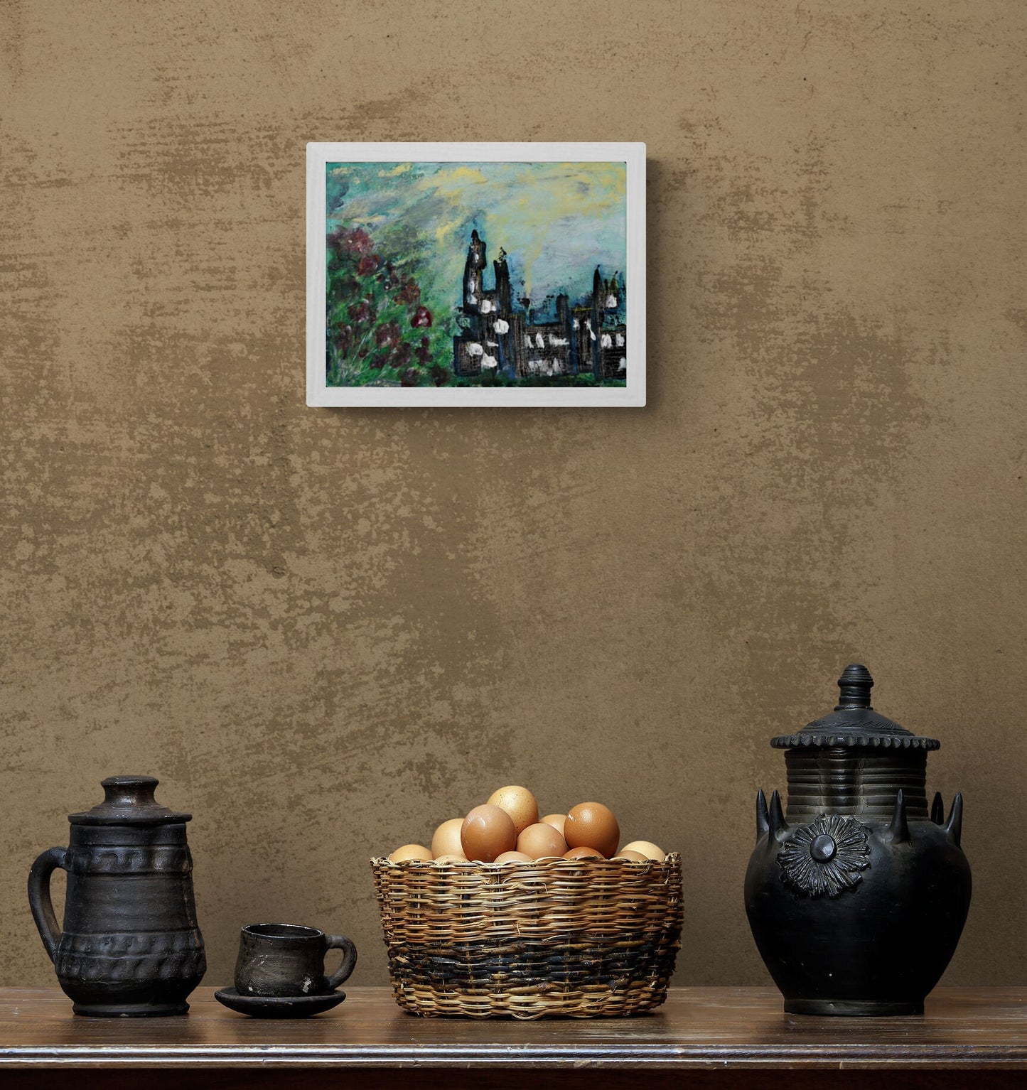 Abstract cityscape hand painted mixed media painting, original painting on paper 9x12, abstract poppy field wall decor - Carved Effects