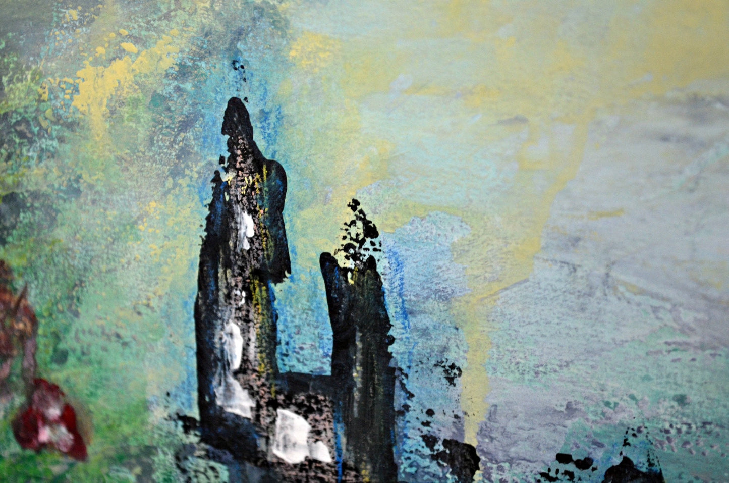 Abstract cityscape hand painted mixed media painting, original painting on paper 9x12, abstract poppy field wall decor - Carved Effects