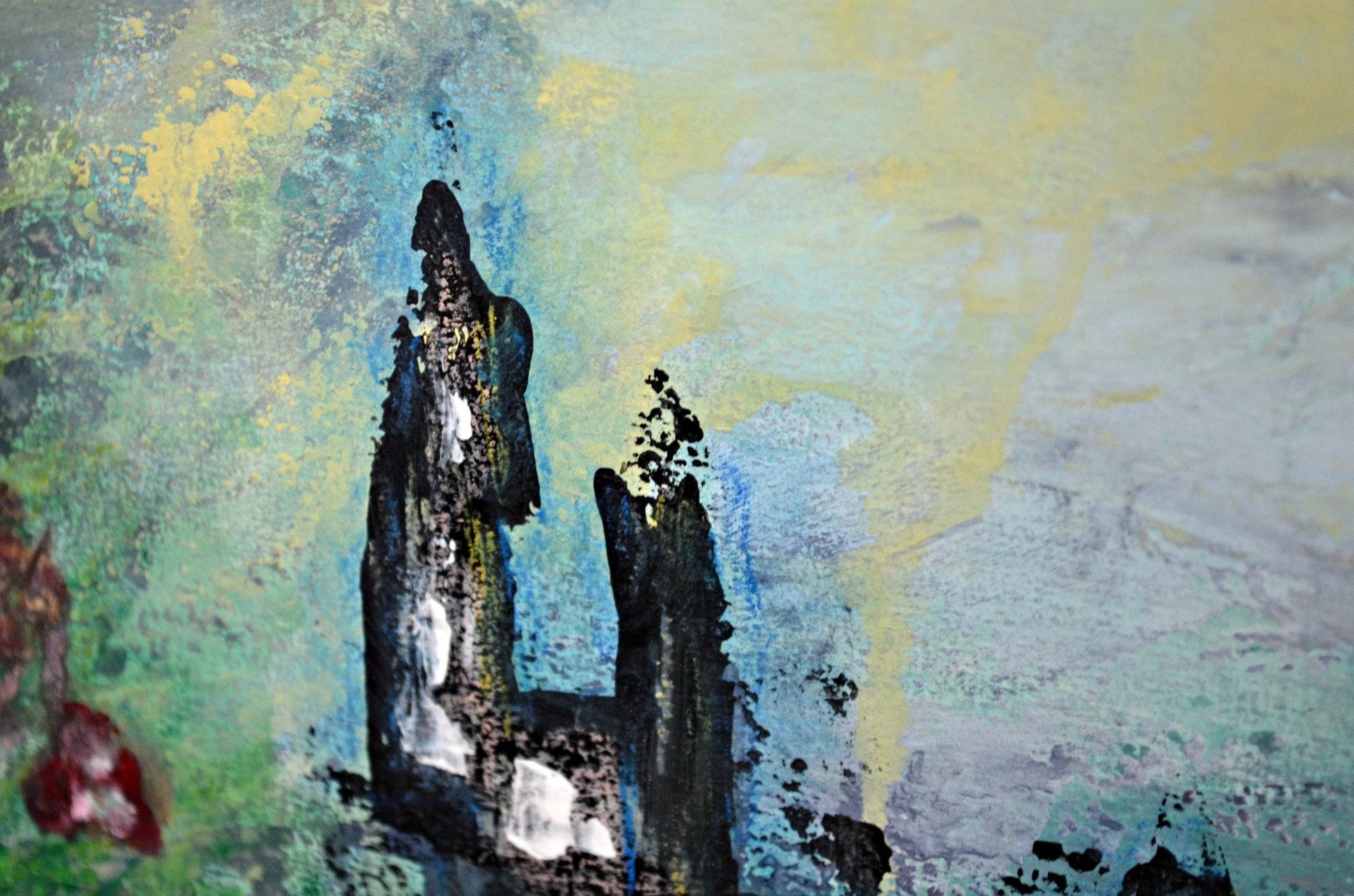 Abstract cityscape hand painted mixed media painting, original painting on paper 9x12, abstract poppy field wall decor - Carved Effects