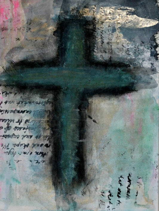Abstract cross hand painted art 9x12, mixed media collage religious symbol on canvas panel, original artwork wall decor - Carved Effects
