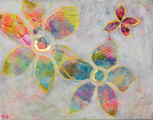 Abstract flower garden hand painted mixed media painting on canvas 11x14, original wall art acrylic and watercolor painting - Carved Effects