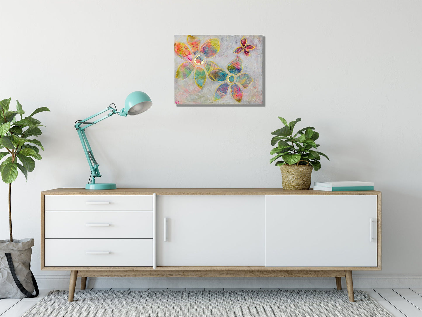 Abstract flower garden hand painted mixed media painting on canvas 11x14, original wall art acrylic and watercolor painting - Carved Effects