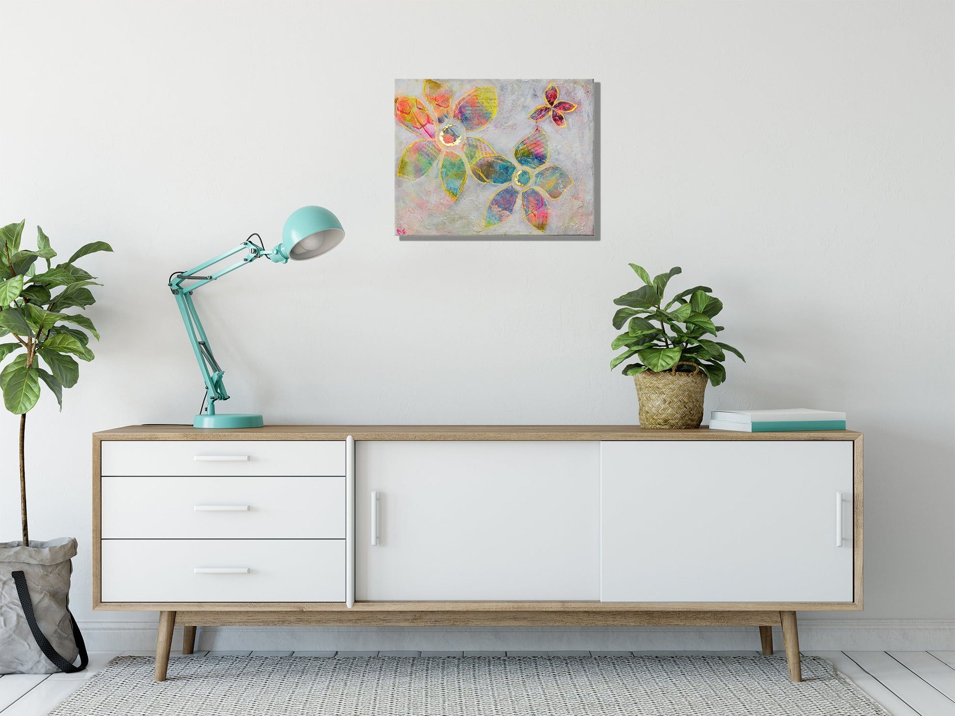 Abstract flower garden hand painted mixed media painting on canvas 11x14, original wall art acrylic and watercolor painting - Carved Effects