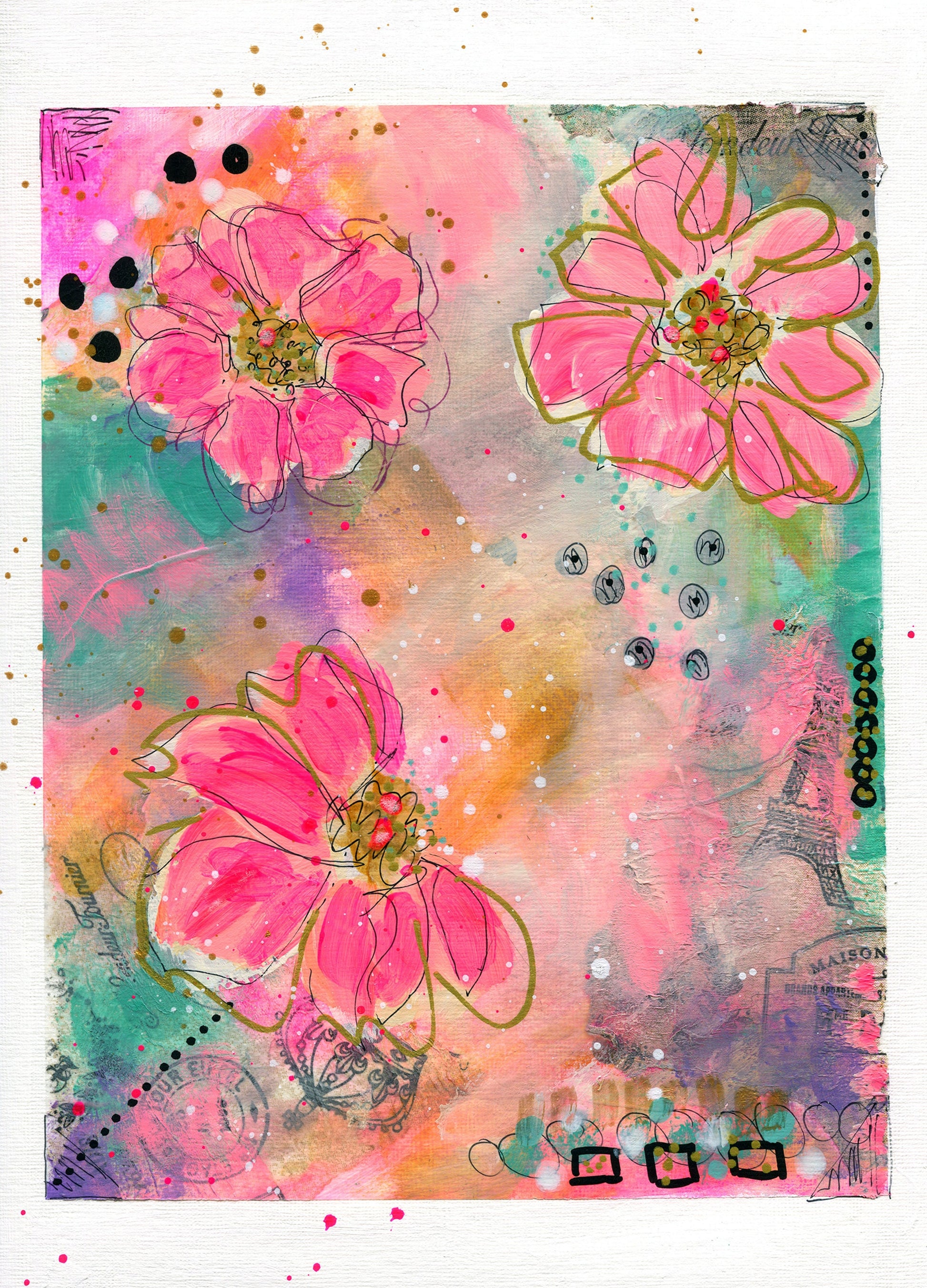 Abstract flowers hand painted mixed media painting on paper 9x12, graffiti art, mark making wall decor - Carved Effects