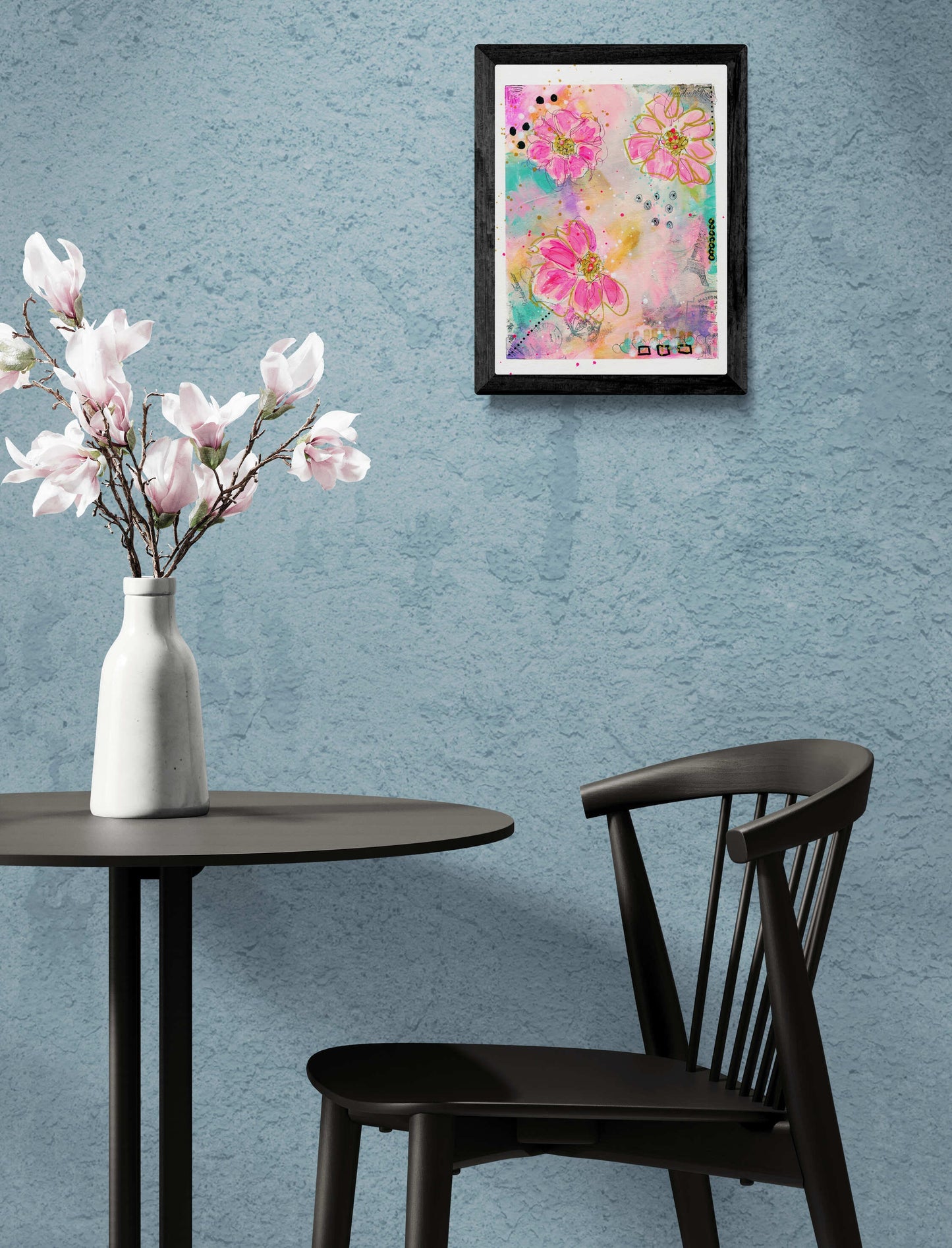 Abstract flowers hand painted mixed media painting on paper 9x12, graffiti art, mark making wall decor - Carved Effects