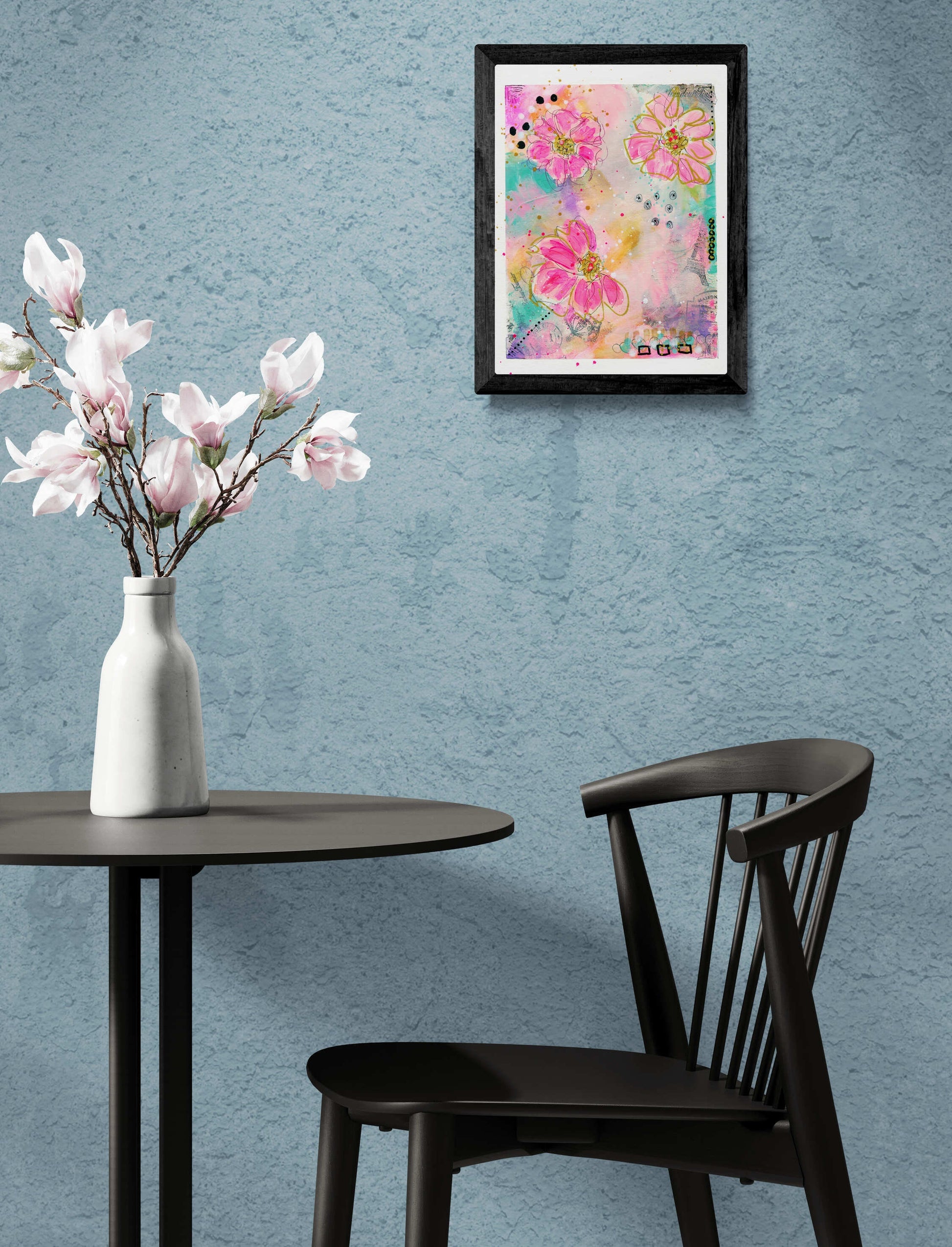 Abstract flowers hand painted mixed media painting on paper 9x12, graffiti art, mark making wall decor - Carved Effects