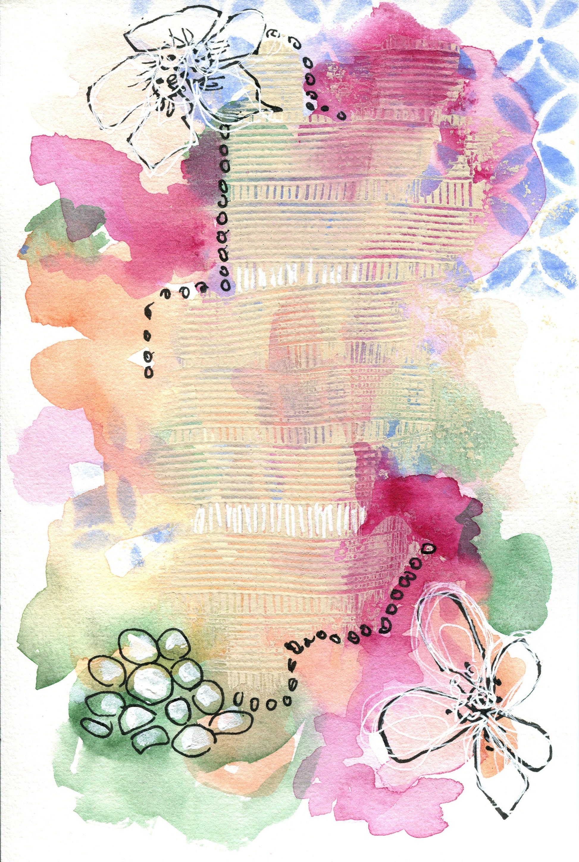 Abstract garden painting 6x9, hand painted mixed media painting on paper, small wall art, abstract mark making art - Carved Effects