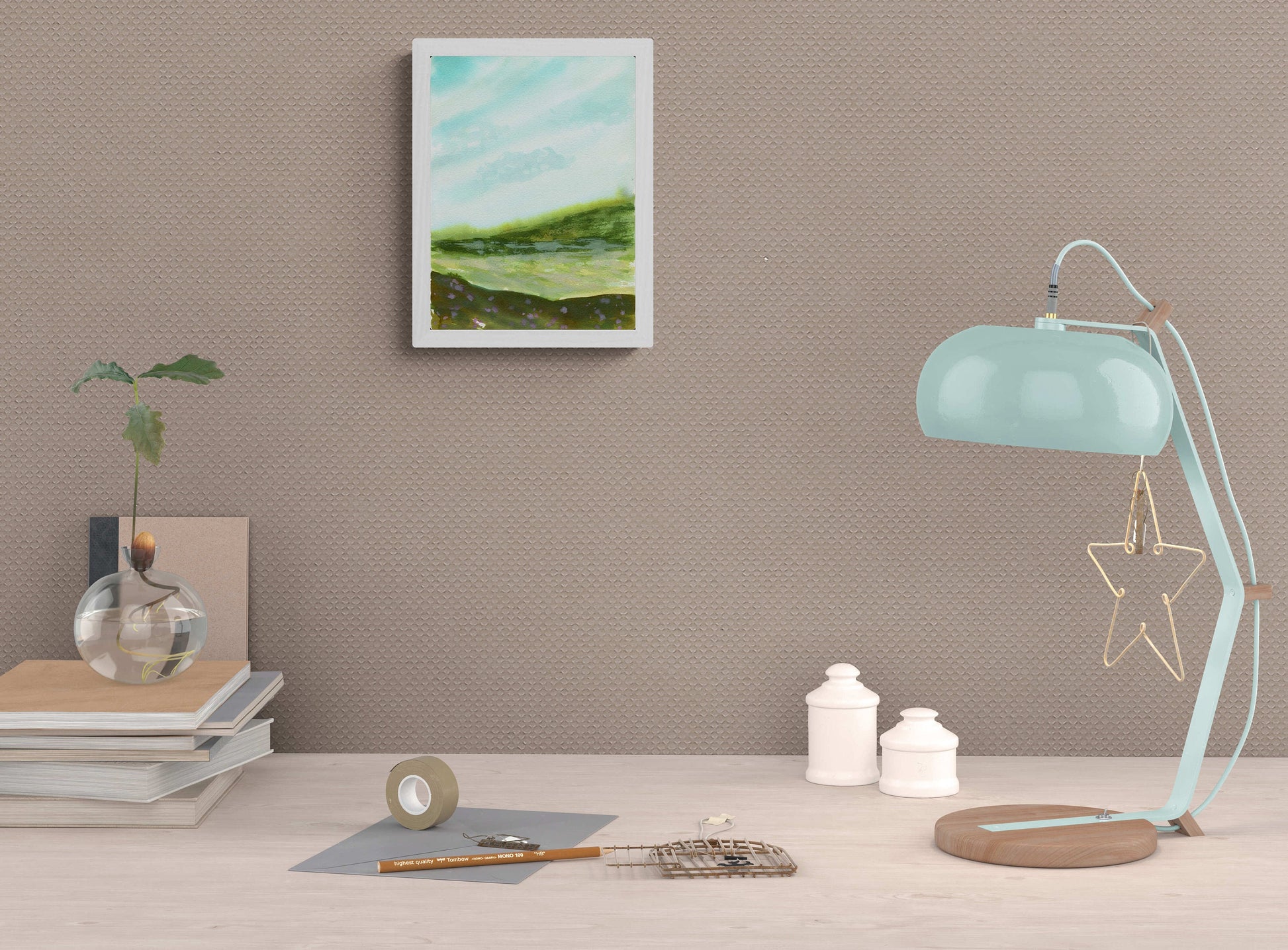 Abstract green landscape hand painted watercolor painting 9x12, original wilderness landscape watercolor painting - Carved Effects